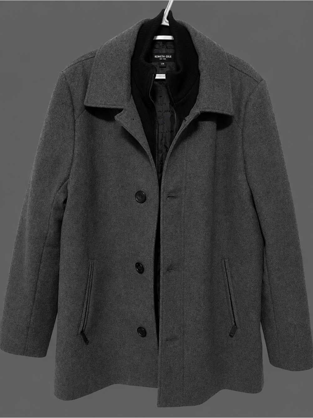 Kenneth Cole Men's Dark Gray Wool-Blend Peacoat with Inner Zip Layer
